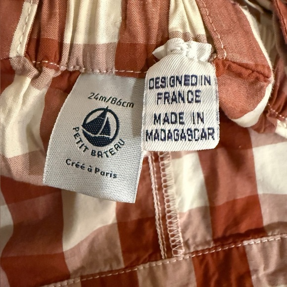 Petit Bateau Kids Rust and Cream Gingham Overall Shorts - Picture 3 of 3